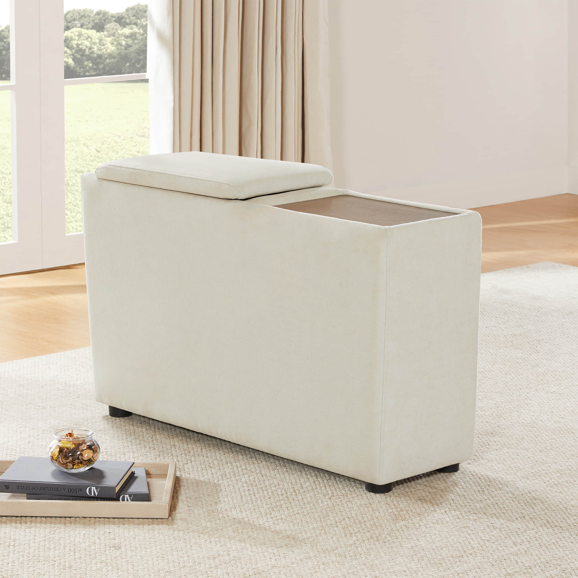 Cream Kenna ottoman with lift-top, modern living room decor, storage, stylish seating