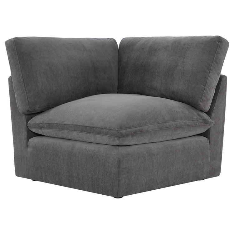 Kenna Modular Corner Seat in Charcoal Gray. Deep seating, soft cushions for comfortable lounging in living room