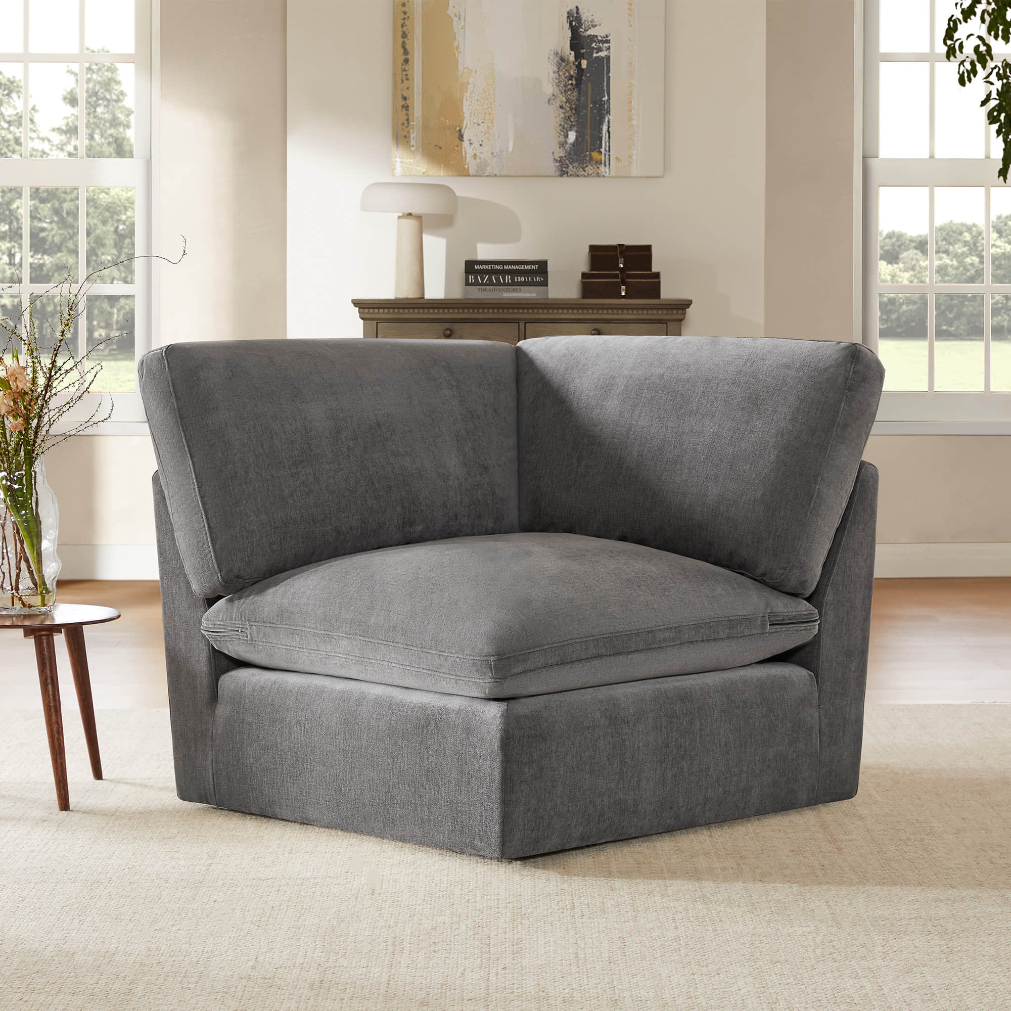Gray Kenna Modular Sofa-Chaise sectional corner piece with soft cushions, modern living room seating
