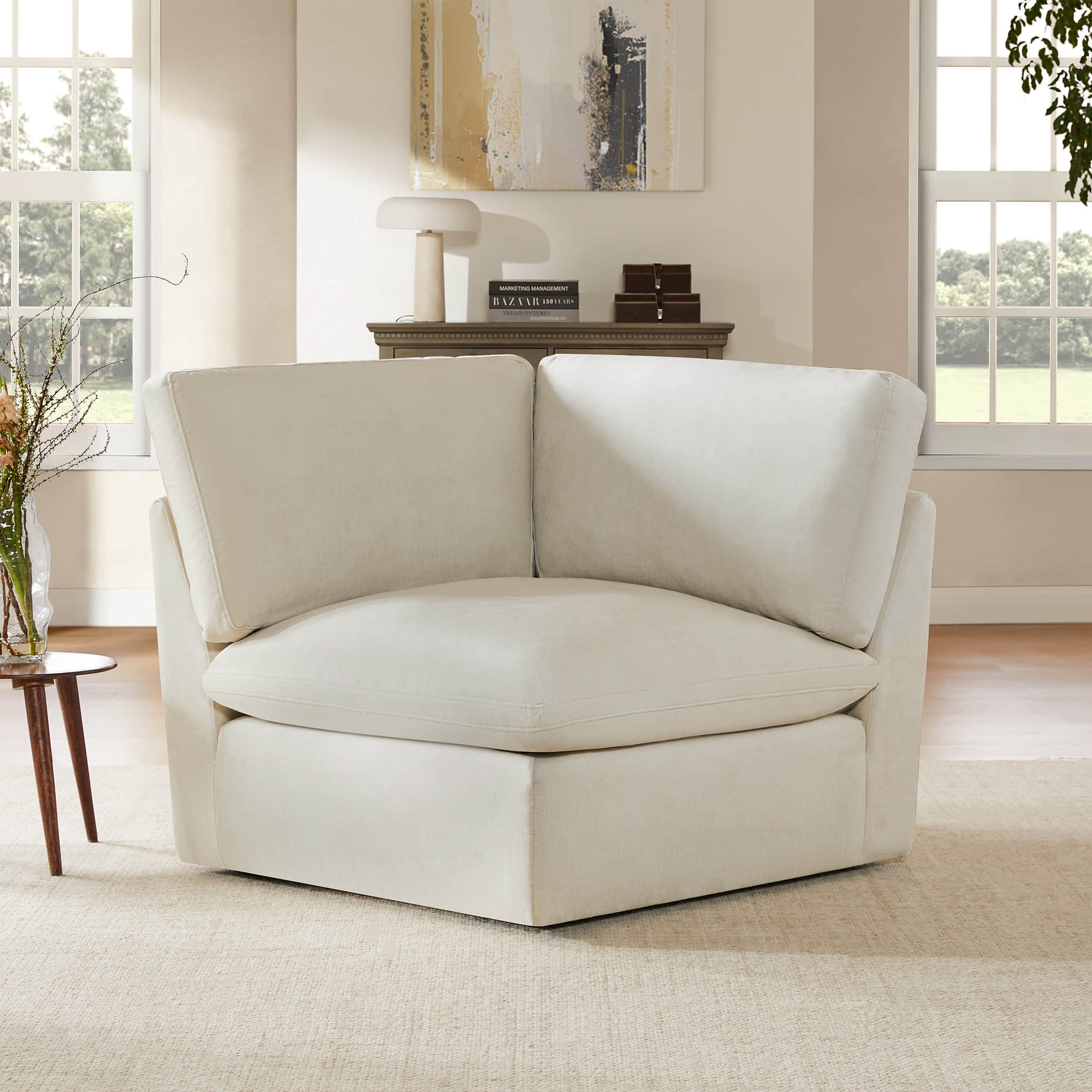 Kenna Modular 4 Seat Sofa-Chaise sectional in cream, soft cushions, modern living room seating