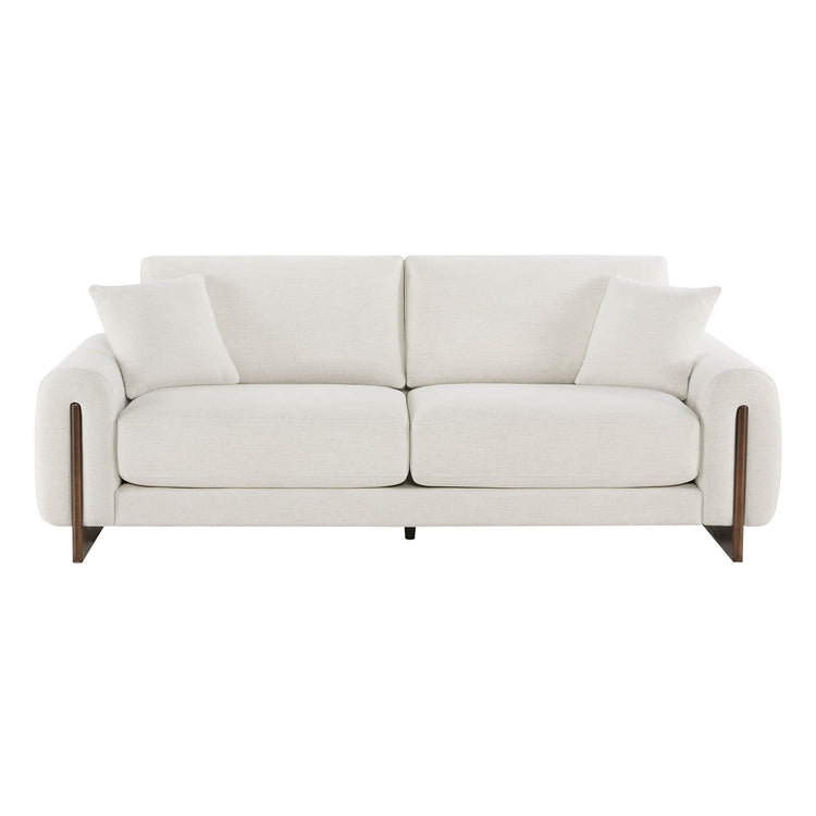 Front view of a minimalist white furniture sofa with cushions.