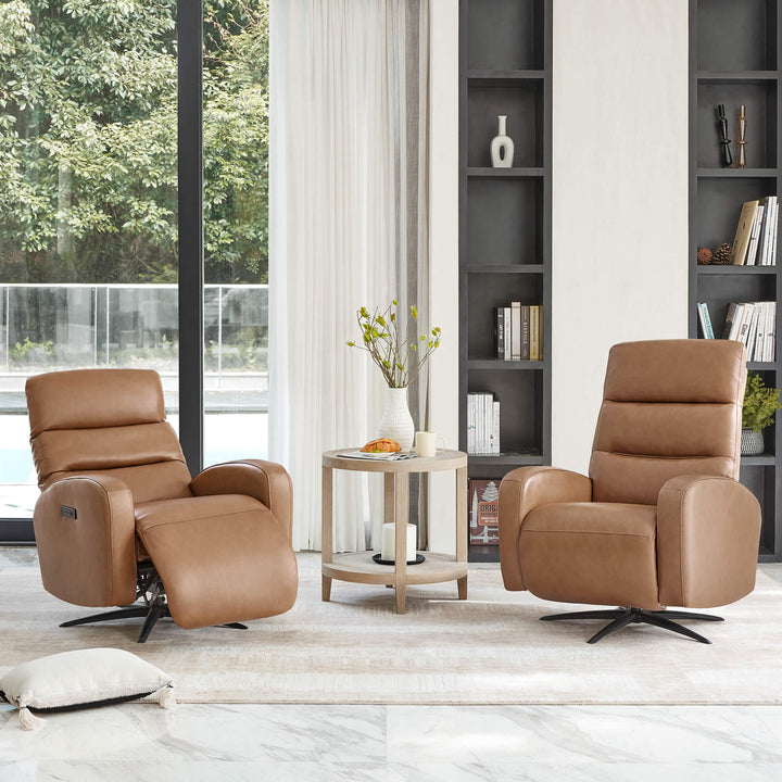 Two Landon Genuine Leather Power Swivel Recliner with Power Headrest in a modern living room setting.