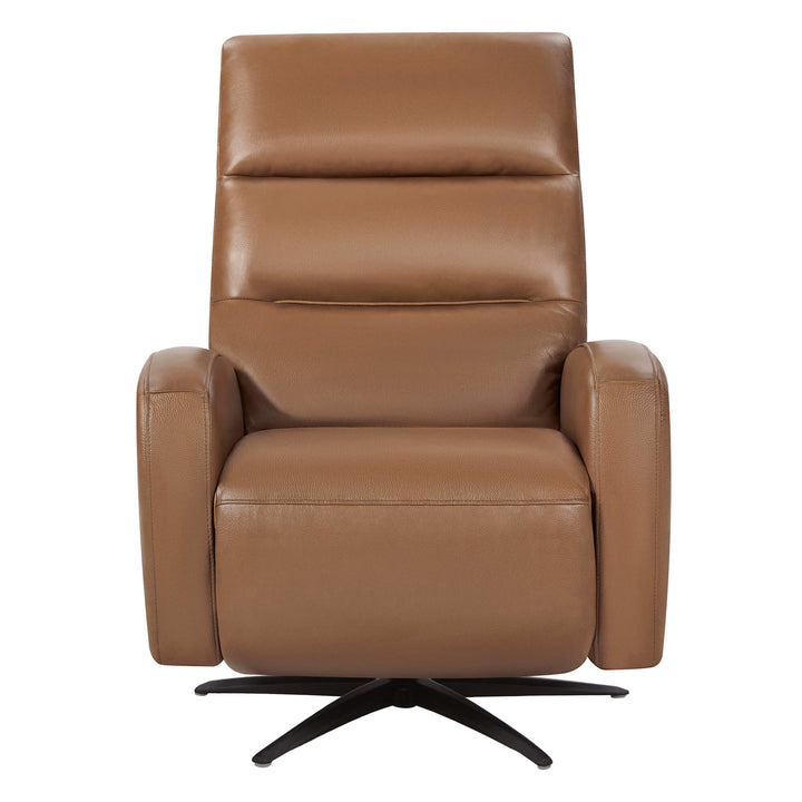 Landon Genuine Leather Power Swivel Recliner with Power Headrest, tan, front view with control panel on armrest.