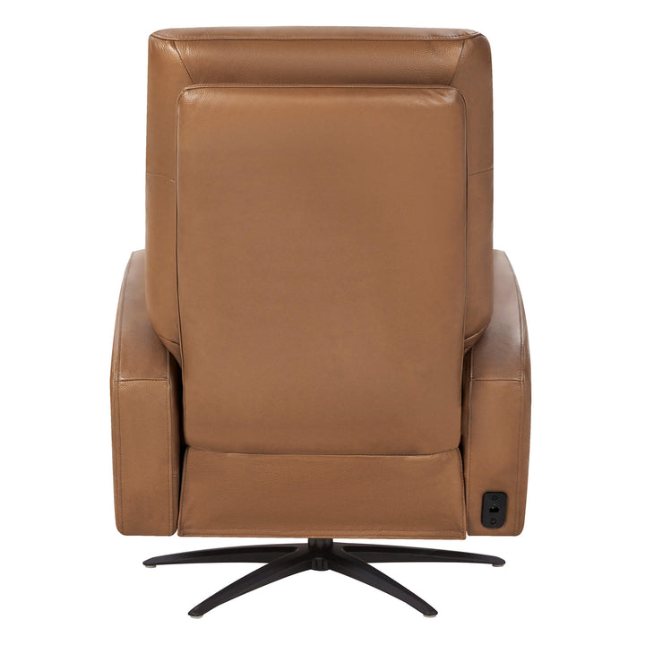 Landon Genuine Leather Power Swivel Recliner with Power Headrest, tan, back view with control panel on armrest.