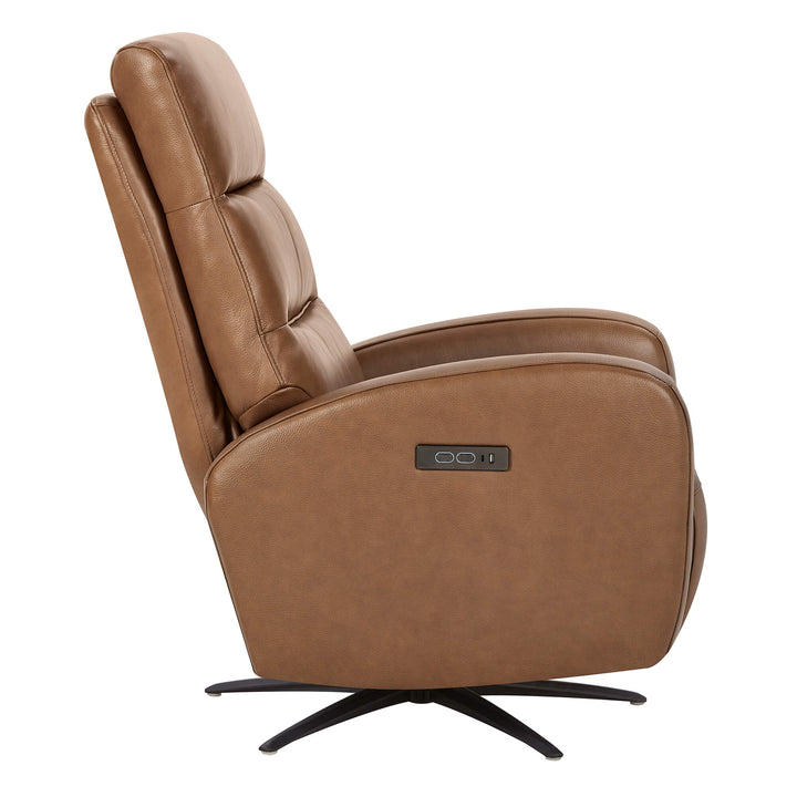Landon Genuine Leather Power Swivel Recliner with Power Headrest, tan, with control buttons on the side.