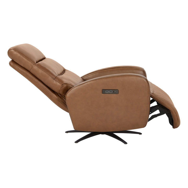 Landon Genuine Leather Power Swivel Recliner with Power Headrest, tan, side view with control panel on armrest.