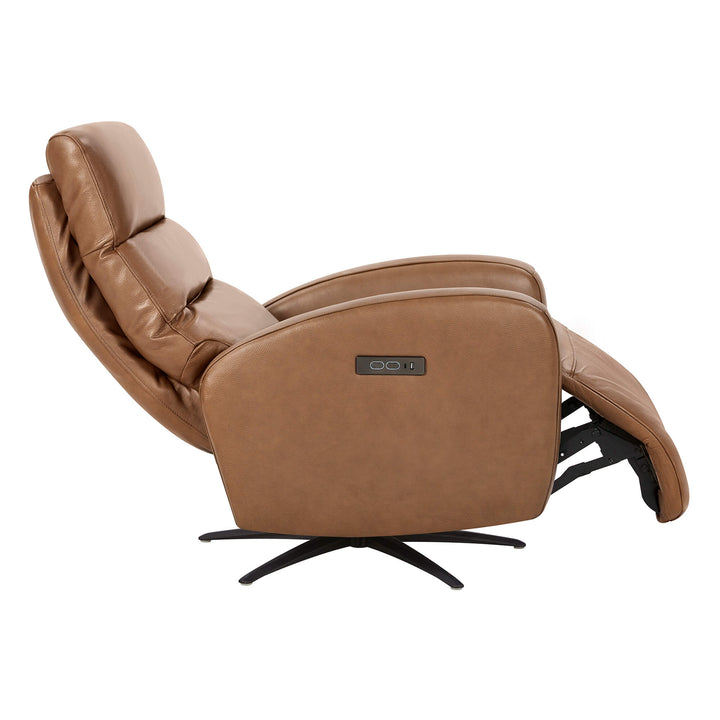 Landon Genuine Leather Power Swivel Recliner with Power Headrest, tan, side view with control panel on armrest.
