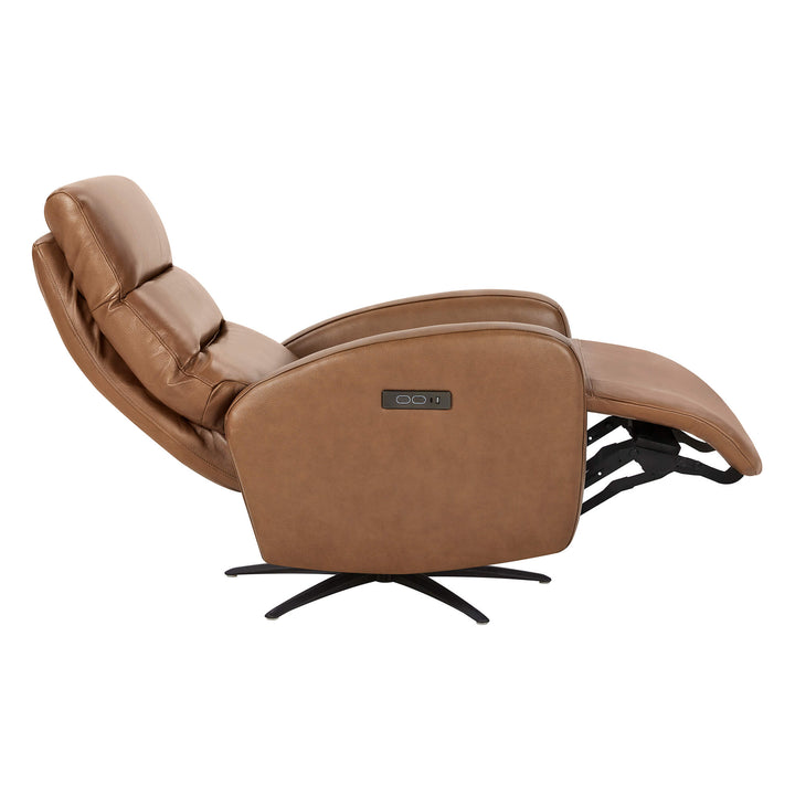 Landon Genuine Leather Power Swivel Recliner with Power Headrest, tan, side view with control panel on armrest.