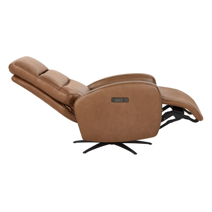 Landon Genuine Leather Power Swivel Recliner with Power Headrest, tan, side view with control panel on armrest.
