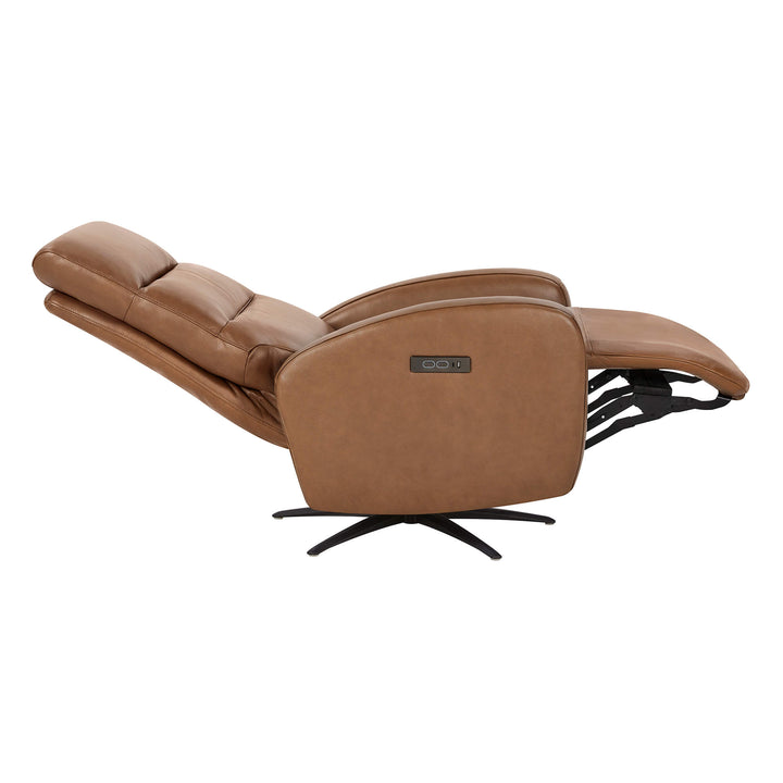 Landon Genuine Leather Power Swivel Recliner with Power Headrest, brown, side view with reclined position.