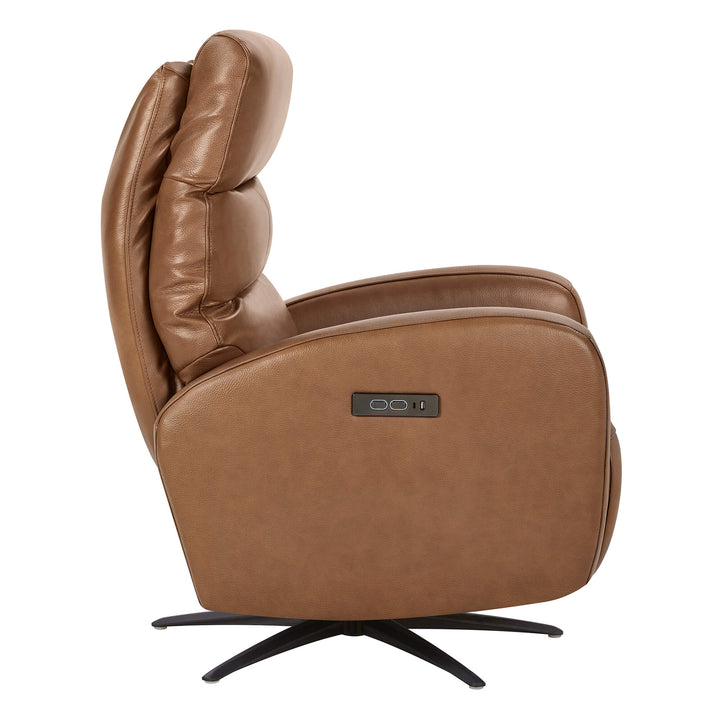 Landon Genuine Leather Power Swivel Recliner with Power Headrest, tan leather with control buttons.