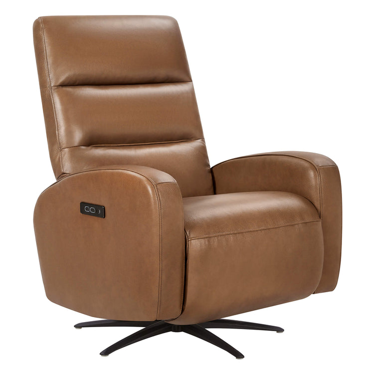 Landon Genuine Leather Power Swivel Recliner with Power Headrest, a modern and comfortable chair with a tan finish.