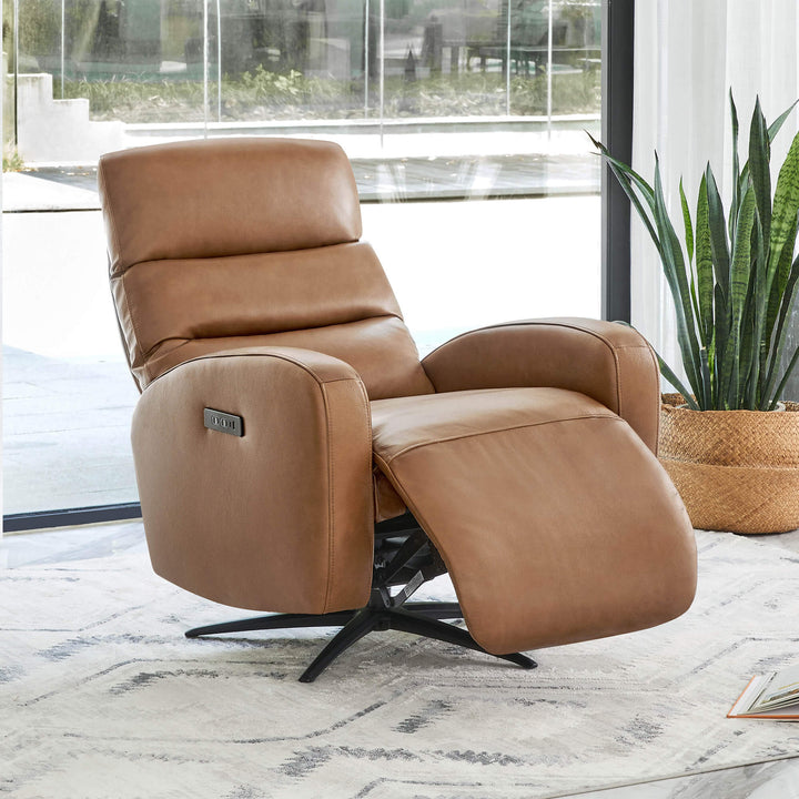 Landon Genuine Leather Power Swivel Recliner with Power Headrest in a modern living room, showcasing its tan leather and sleek design.
