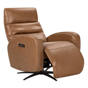 Landon Genuine Leather Power Swivel Recliner with Power Headrest, featuring a tan leather finish and modern design.