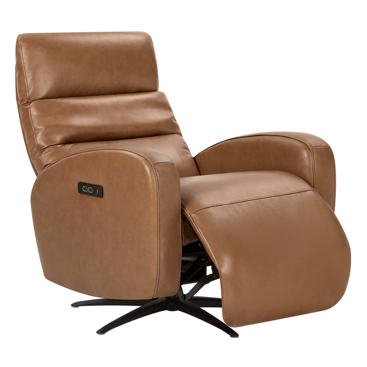 Landon Genuine Leather Power Swivel Recliner with Power Headrest, featuring a tan leather finish and modern design.