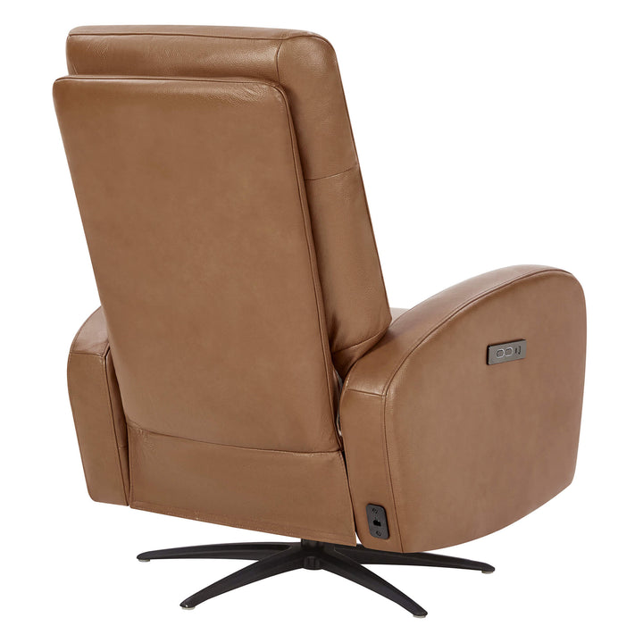 Landon Genuine Leather Power Swivel Recliner with Power Headrest, tan color, with control buttons.