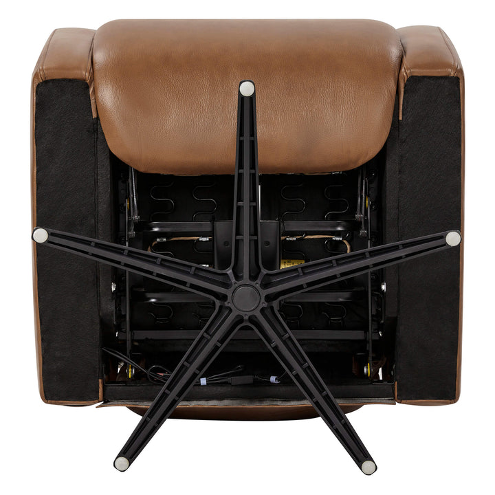 Landon Genuine Leather Power Swivel Recliner with Power Headrest, bottom view showing the base and internal mechanism.