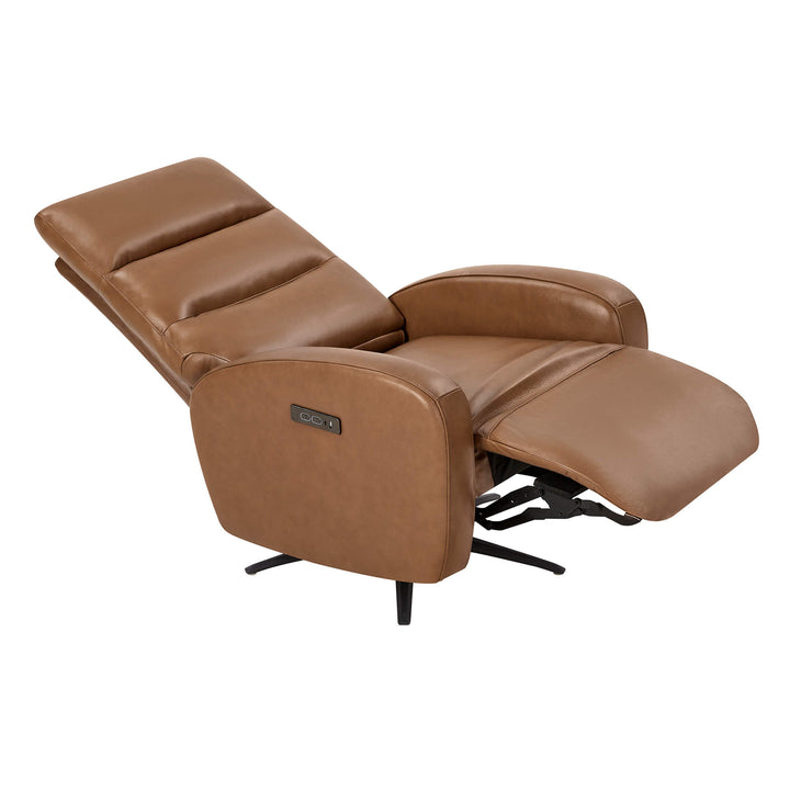 Landon Genuine Leather Power Swivel Recliner with Power Headrest, brown, reclined position with control panel.