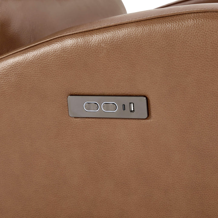 Landon Genuine Leather Power Swivel Recliner with Power Headrest, close-up of the control panel with buttons and a USB port.