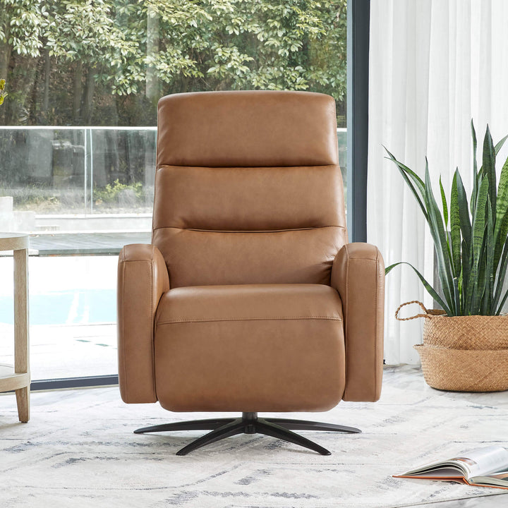 Landon Genuine Leather Power Swivel Recliner with Power Headrest in a modern living room with a large window and a potted plant.