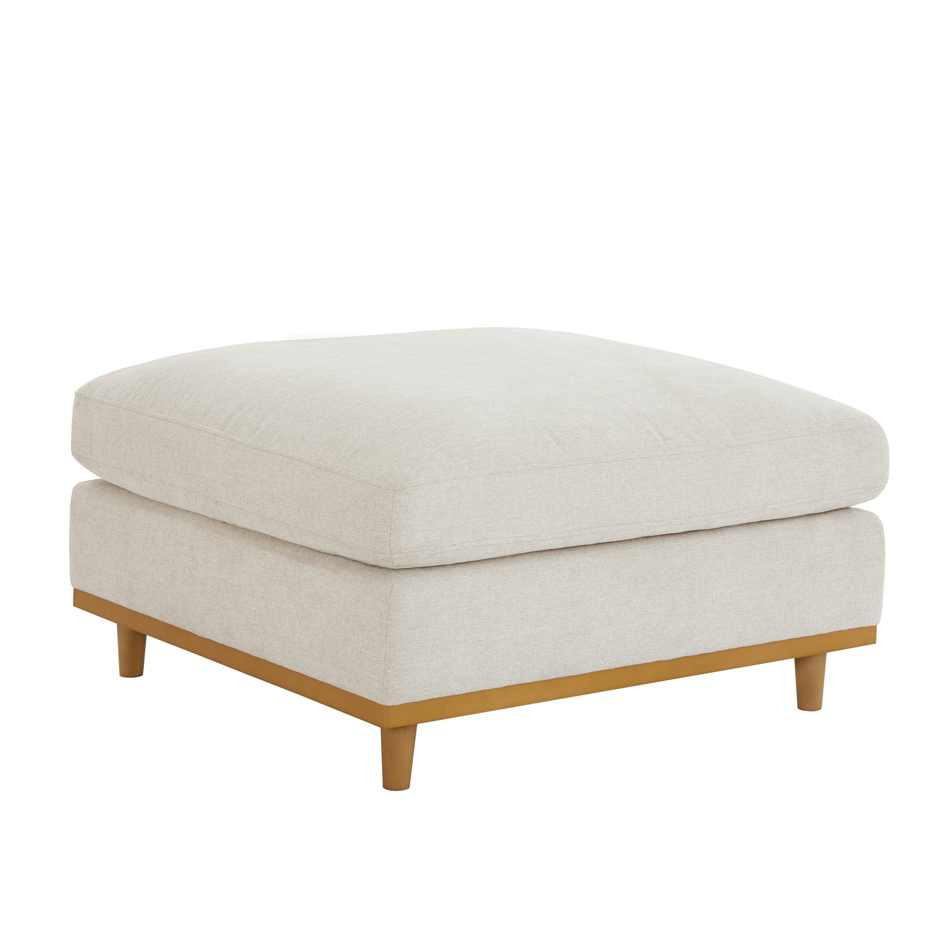 Liam ottoman in light fabric with wooden base in a modern living room setting - CHITA Living