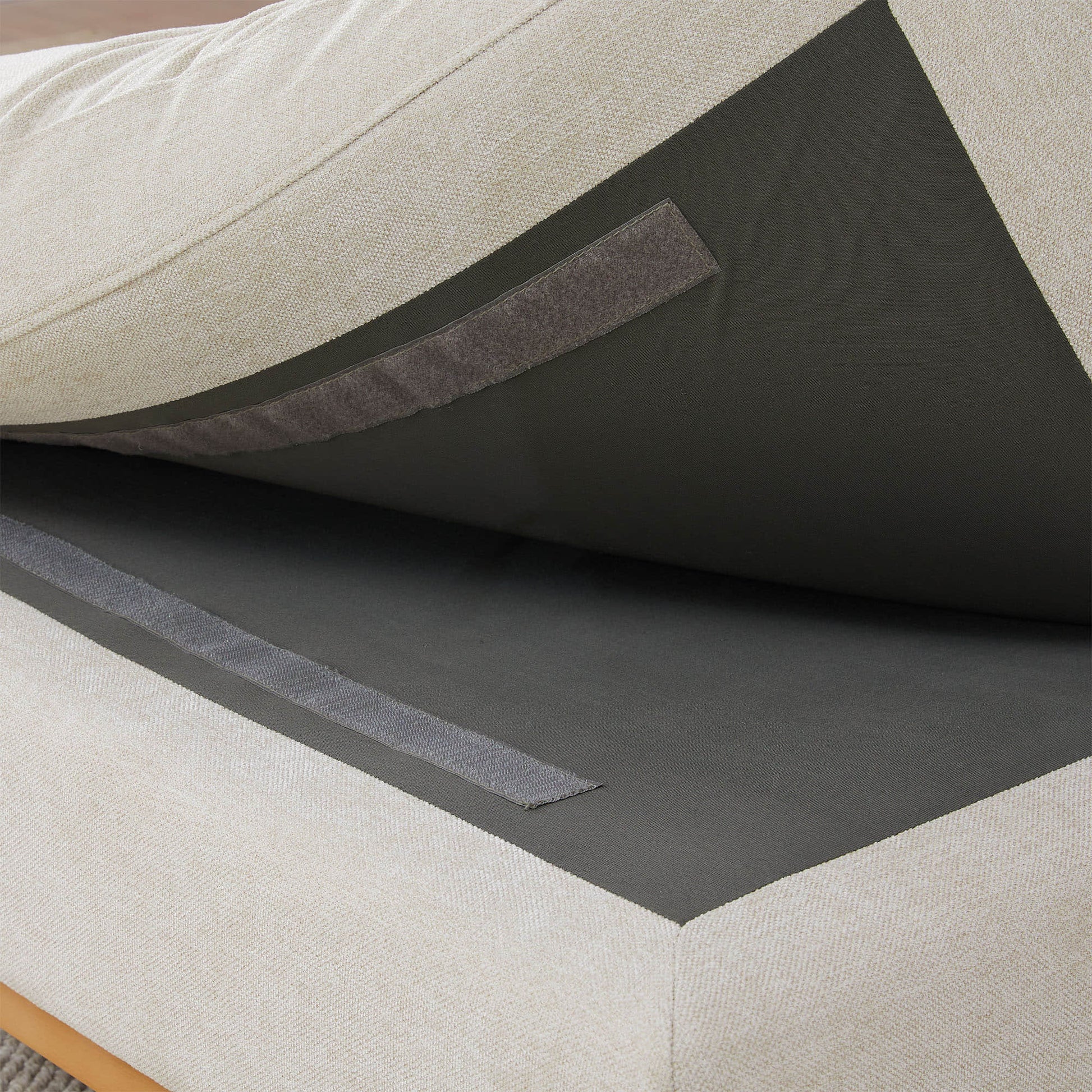 Underneath Liam sectional sofa cushion showing quality craftsmanship and upholstery - CHITA Living