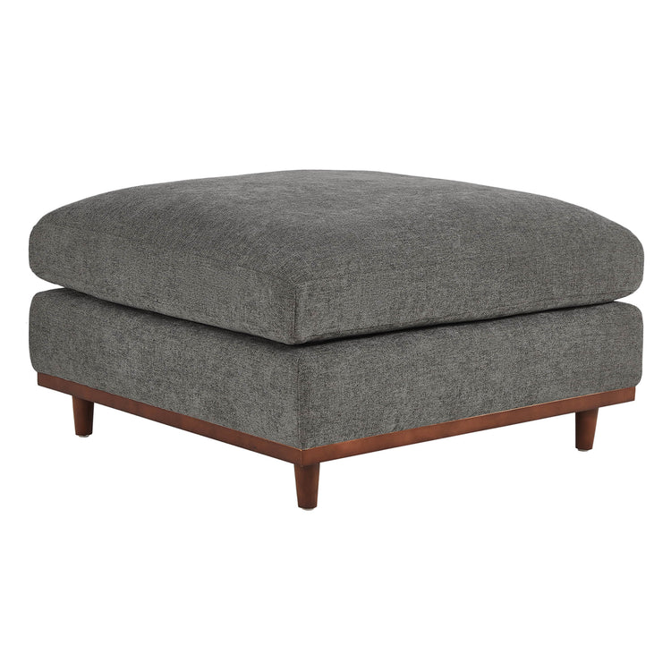 Liam Overstuffed Feather Ottoman in dark gray fabric with wooden base in modern living room - CHITA Living