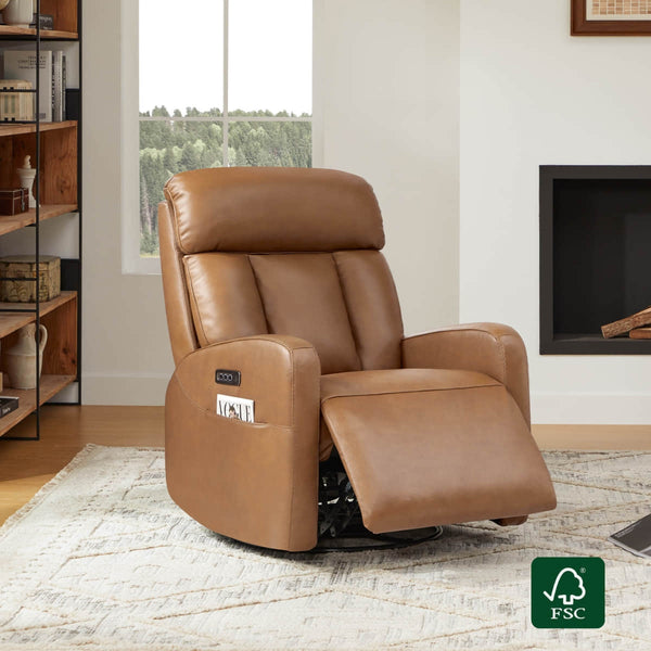 Maxwell Genuine Leather Swivel Glider Recliner with Power Lumbar & Headrest