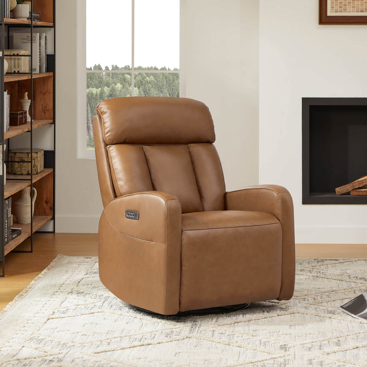 Maxwell Genuine Leather Swivel Glider Recliner with Power Lumbar & Headrest