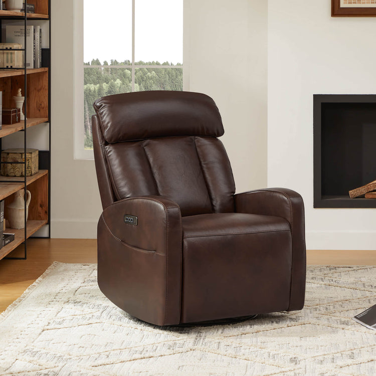 Maxwell Genuine Leather Swivel Glider Recliner with Power Lumbar & Headrest