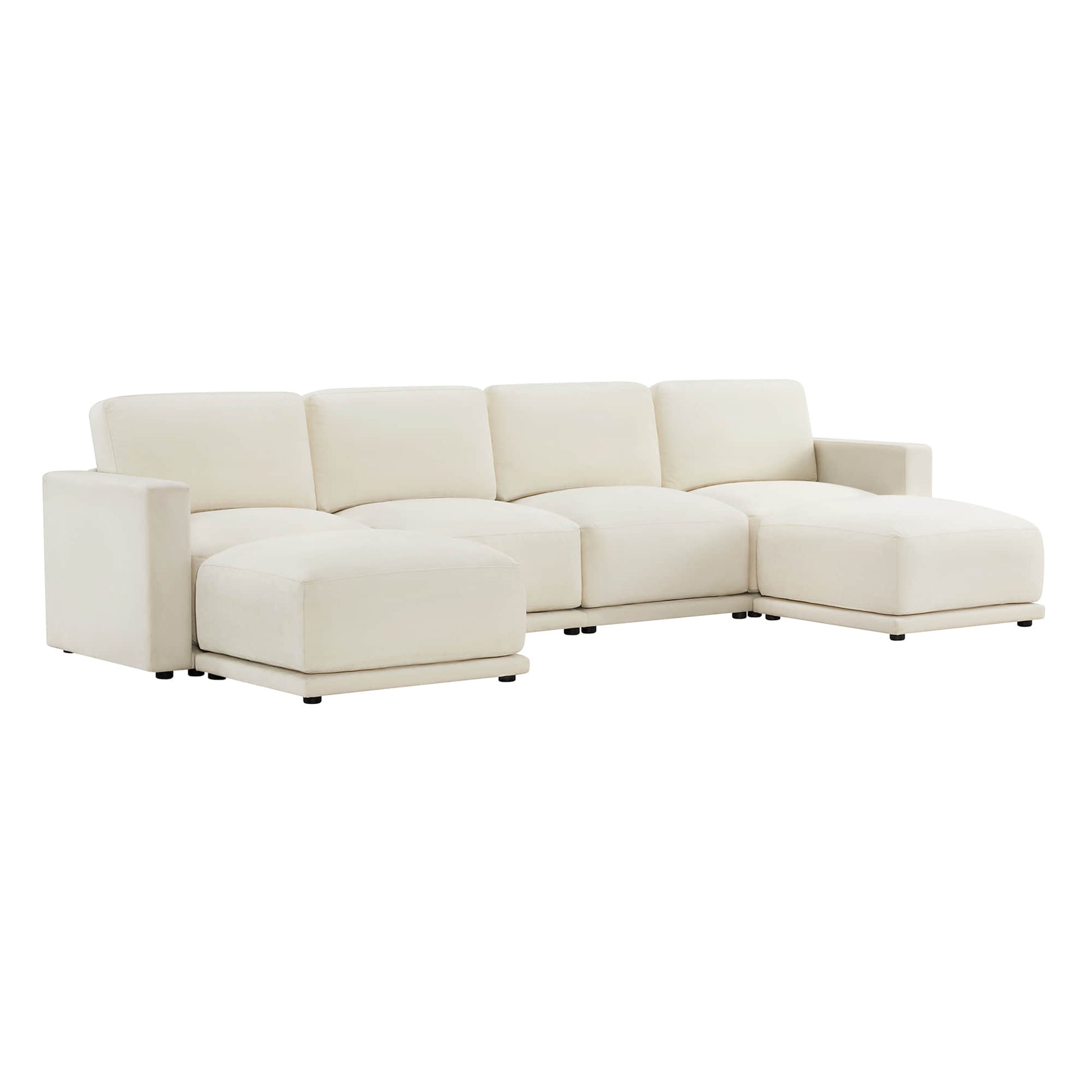 Angled view of a modern white sectional sofa with chaise lounges on both ends.