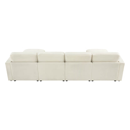 Rear view of a modern white sectional sofa, showing four back cushions aligned in a row.