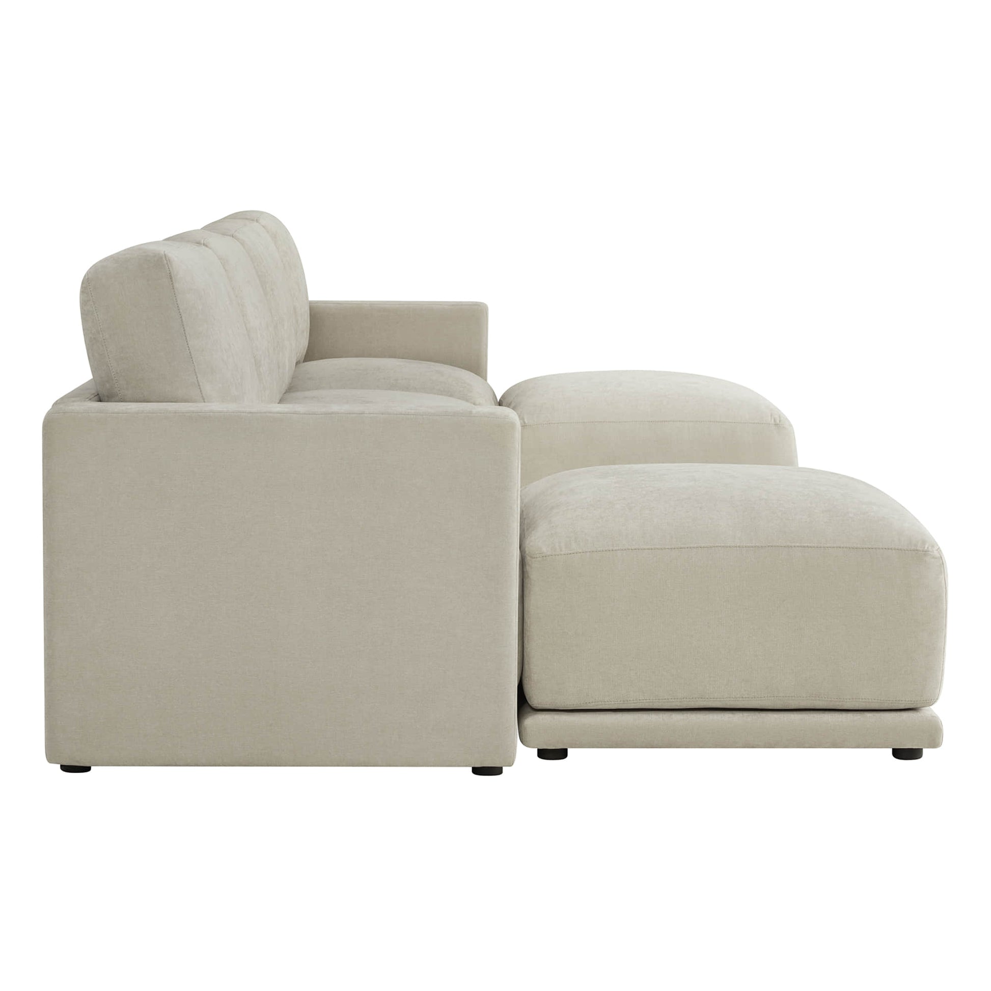 Side view of a durable modular sofa sectional with beige fabric.