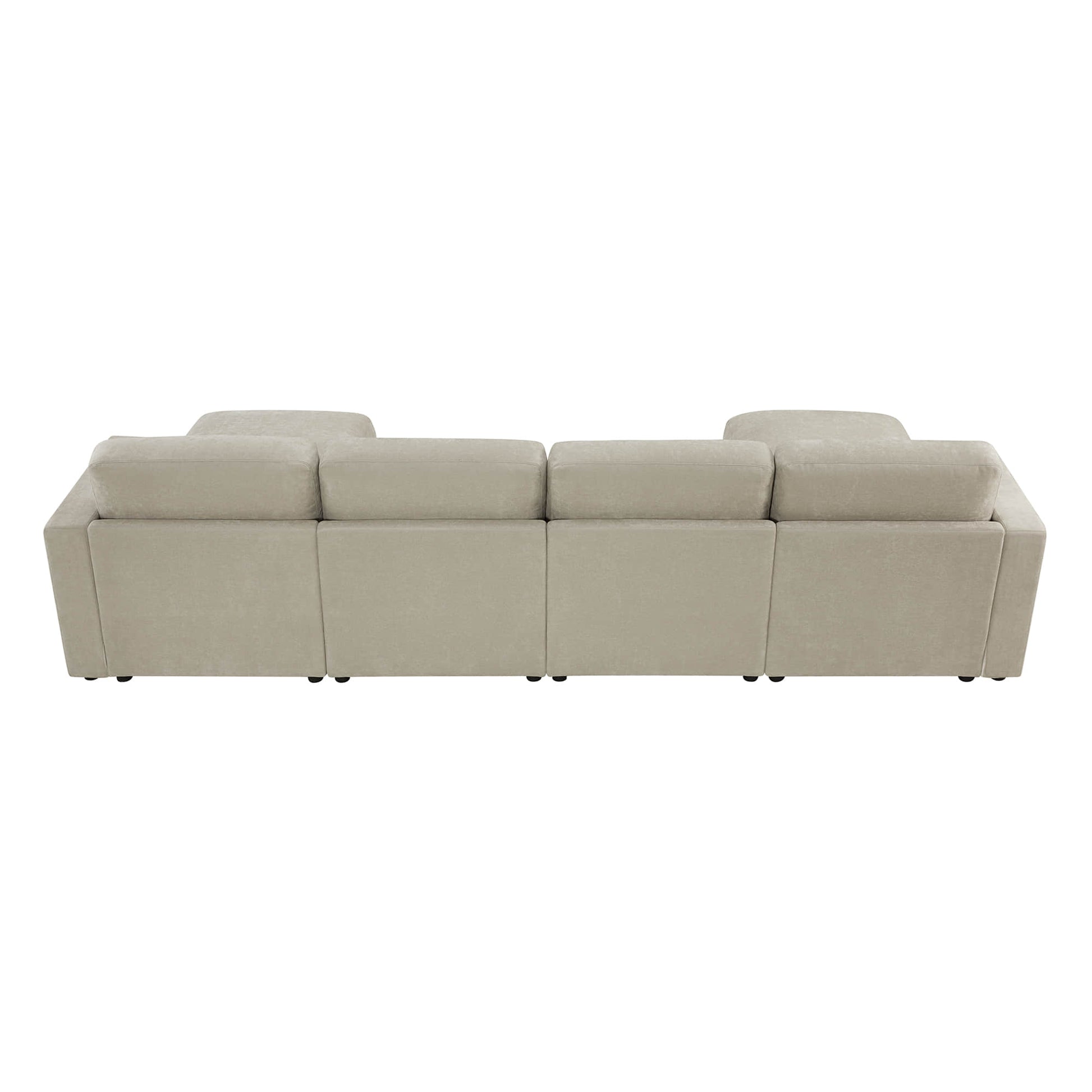 Rear view of a beige modular sofa sectional with three connected seats.