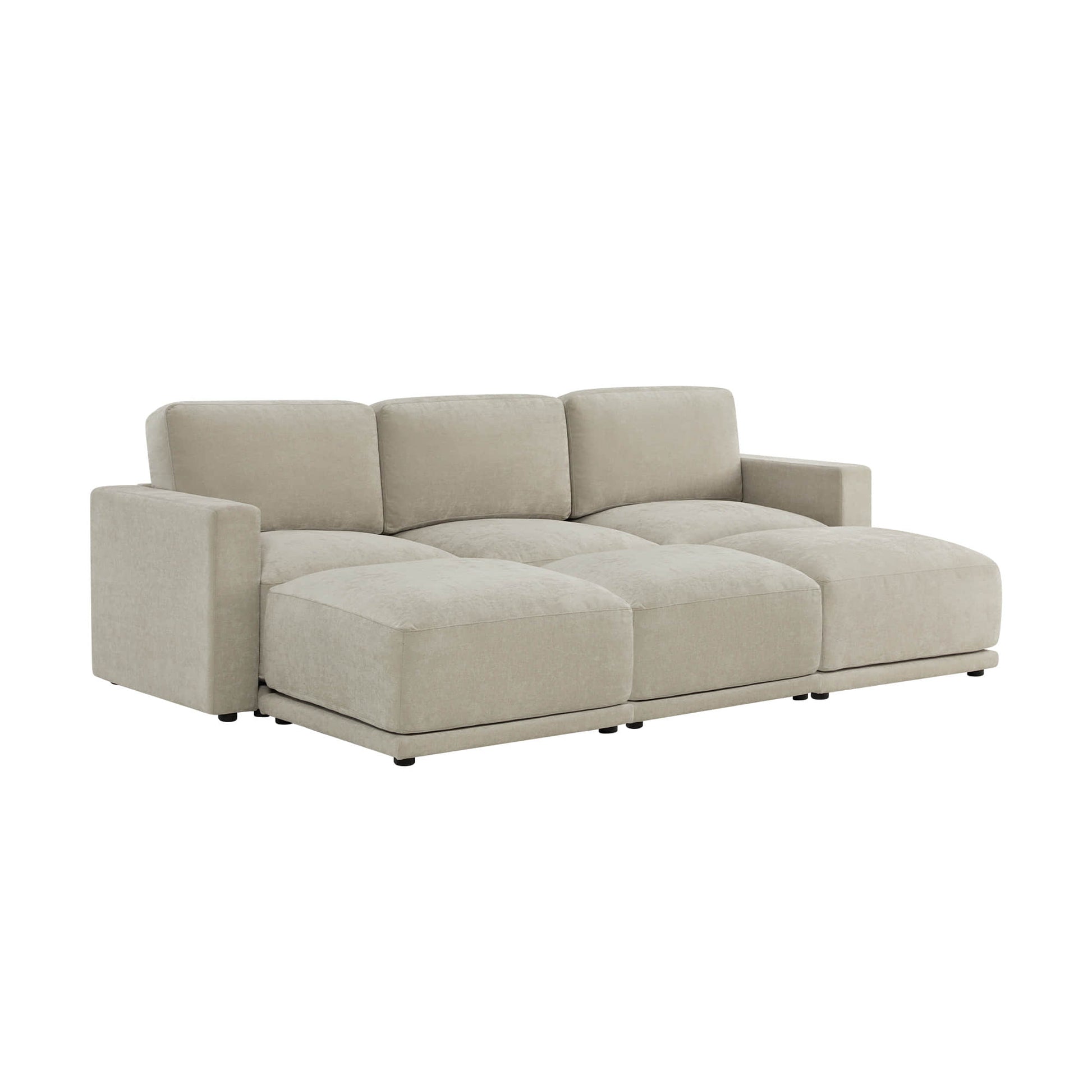 Modular sofa sectional with a chaise, featuring plush cushions and sturdy armrests.