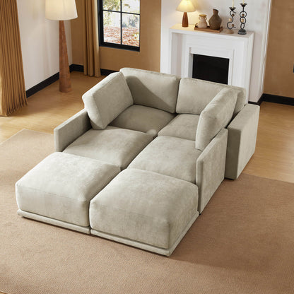  Modern modular sofa sectional arranged as a bed with plush fabric and cozy setup.