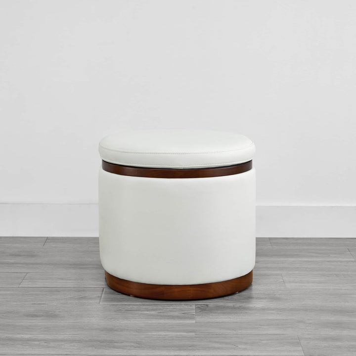 Stylish white storage ottoman with wooden accents for contemporary living spaces - CHITA Living