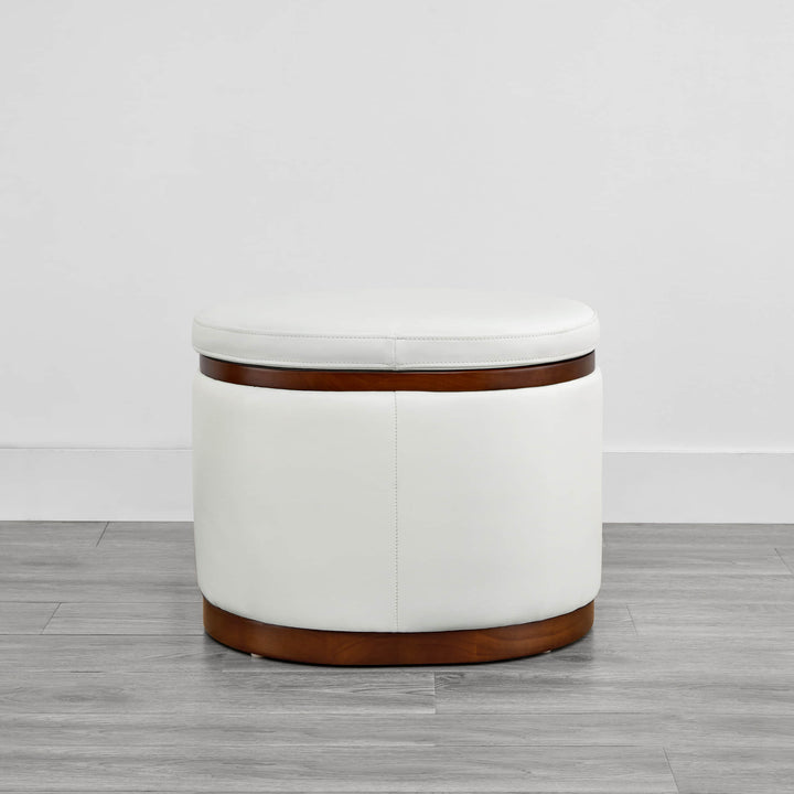 Mid-century white ottoman with wood trim for stylish storage and seating - CHITA Living