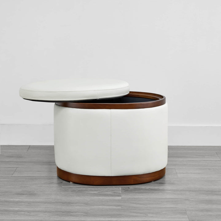 Oval white ottoman with wooden rim, ideal for stylish storage and seating - CHITA Living