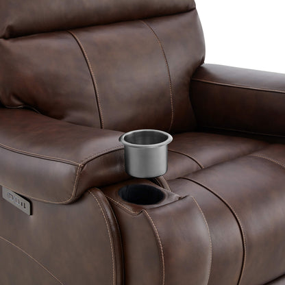 Close-up of Noah leather recliner armrest with cup holder and power controls - CHITA Living