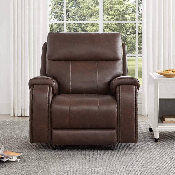 Front view of Noah zero-gravity leather recliner in a sunny room with large windows - CHITA Living