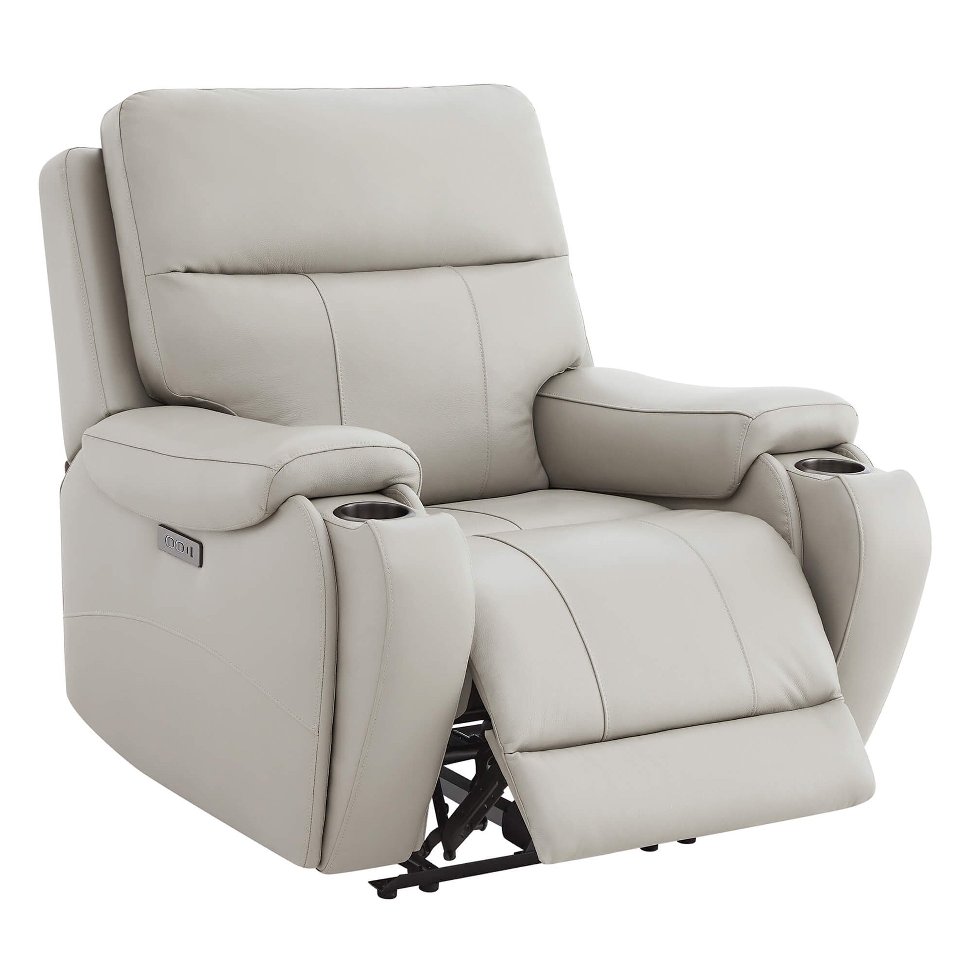 Light gray Noah leather recliner with extended footrest and dual cup holders - CHITA Living