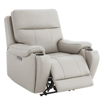 Light gray Noah leather recliner with extended footrest and dual cup holders - CHITA Living