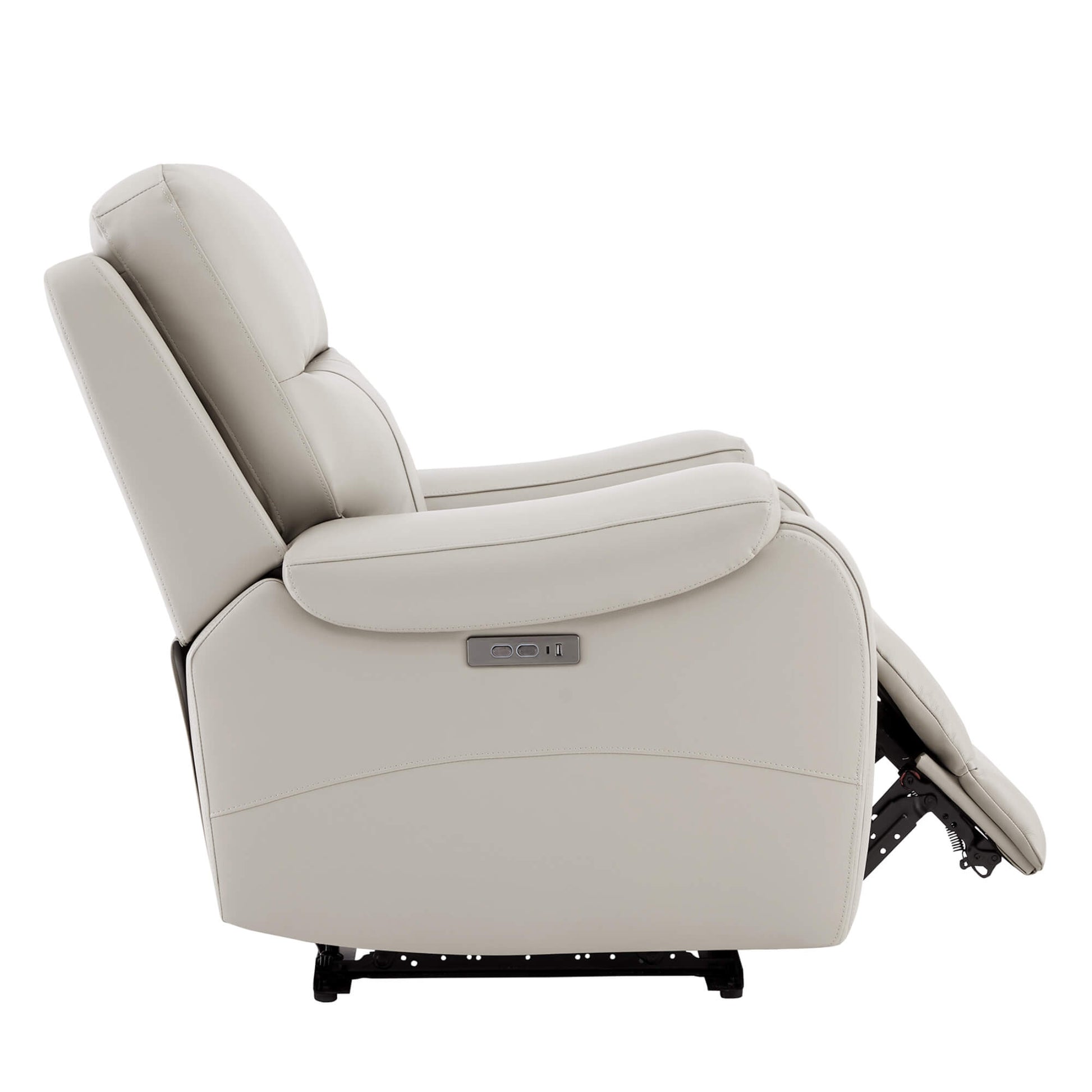 Light gray Noah zero-gravity leather recliner side view with plush cushions and power controls - CHITA Living