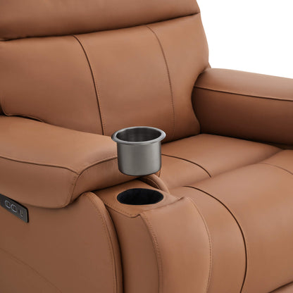 Close-up of Noah zero-gravity leather recliner armrest with integrated cup holder - CHITA Living