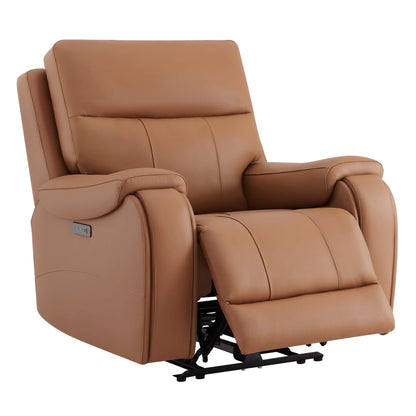 Tan Noah zero-gravity leather recliner with extended footrest and power control in modern room - CHITA Living