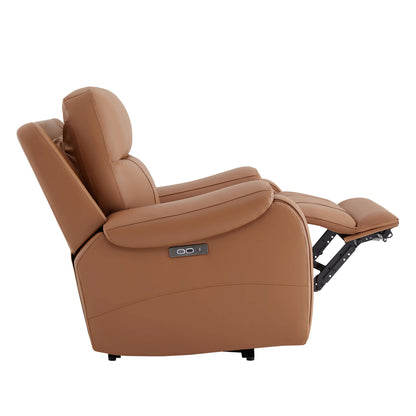 Tan Noah zero-gravity leather recliner showing plush cushion and extended footrest - CHITA Living