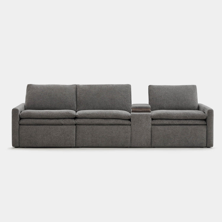 Front view of grey Ohana 3-Seat Motion Modular Sofa with center console for added comfort - CHITA Living