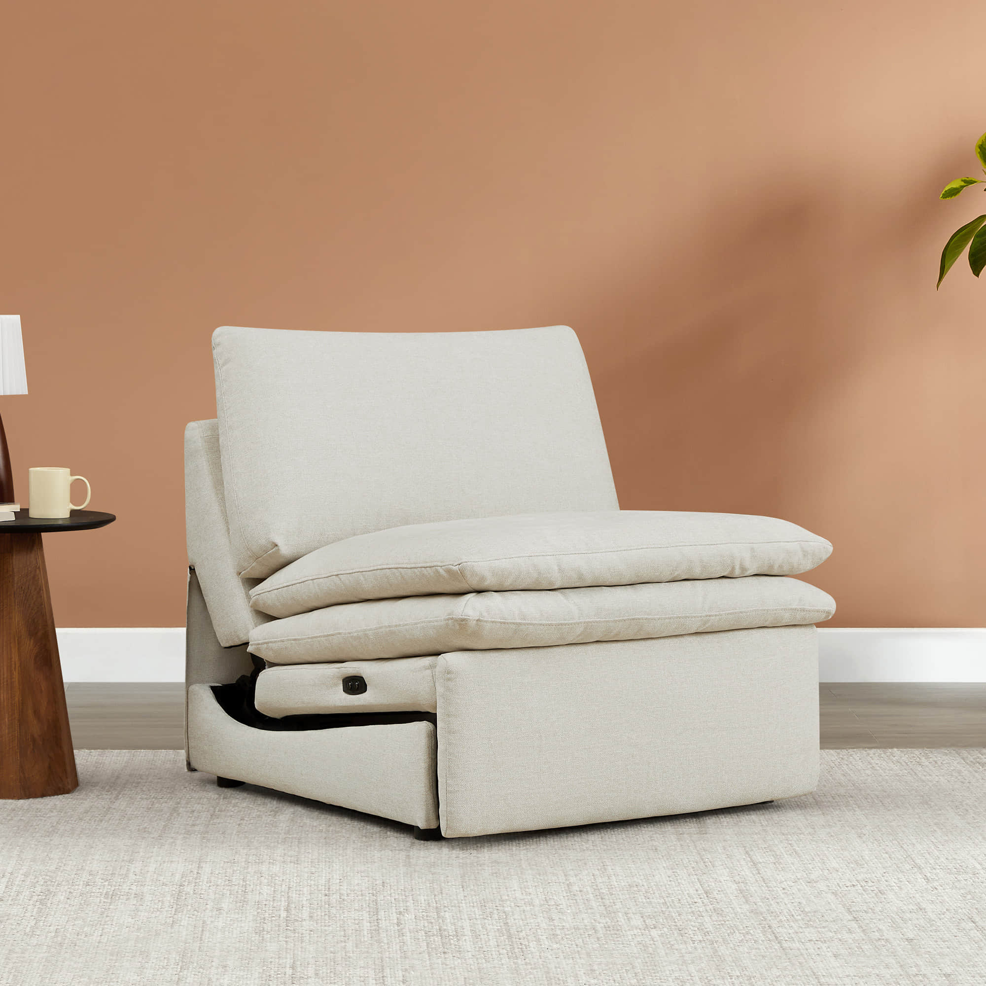 Cream armless recliner chair with oversized plush cushions and reclining feature - CHITA Living