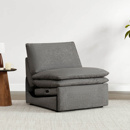 Modern gray armless recliner chair with plush cushions and adjustable backrest.